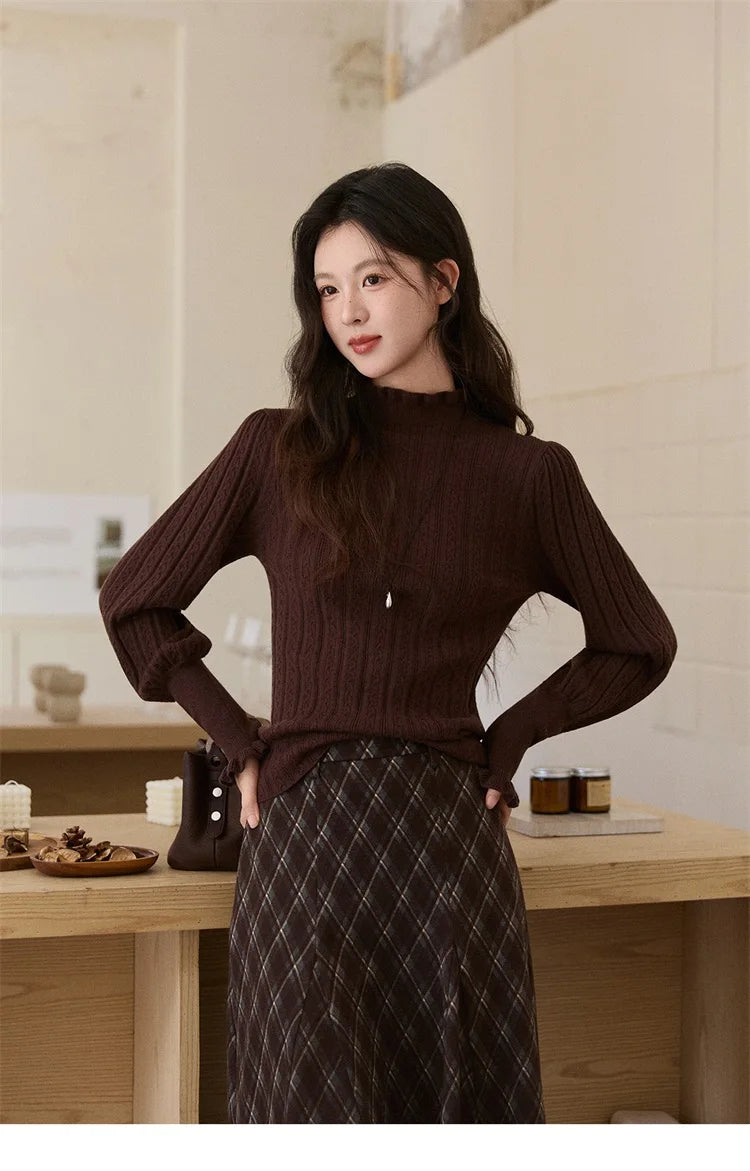 MISHOW Women's Half Turtleneck Ruffle Trim Lantern Sleeve Bottoming Tops 2025 Winter Vertical Rib Slim Knitted Top MXE93Z2810