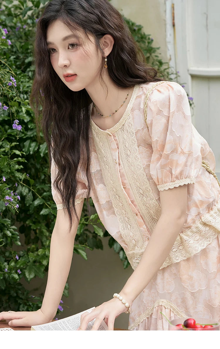 MISHOW French Embroidered Lace Bubble Sleeve Top & Elastic Waist Skirt Set MXD23X1428