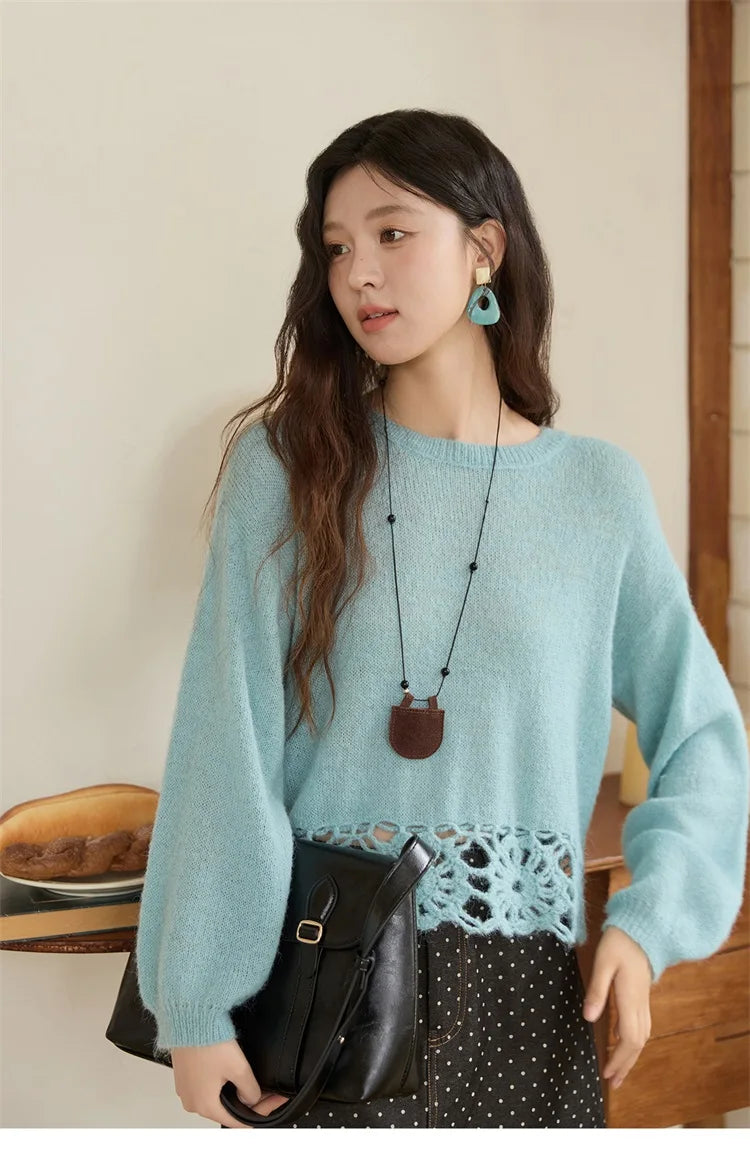 MISHOW Woman Sweaters 2025 Elegant French Hollow Out Floral Sweater Loose O-neck Long Sleeves Knit Top Autumn Clothes MXE44Z2491