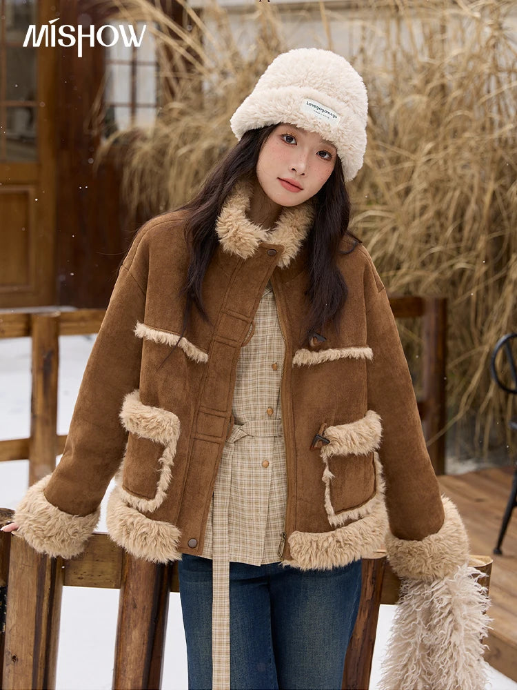 MISHOW Khaki Suede Jacket for Women 2025 Winter New Retro Stand Collar Zippered Jacket Pockets Long Sleeves Top MXE88W0886