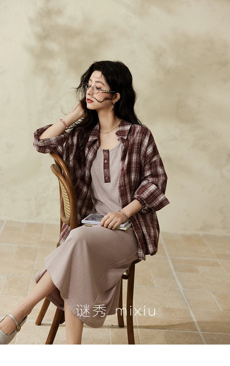 MISHOW Women's Plaid Shirt Grey Vest Dress Separately Spring Lapel Collar Shirt U-neck Sleeveless Dresses (Not A Set) MXE13L2093