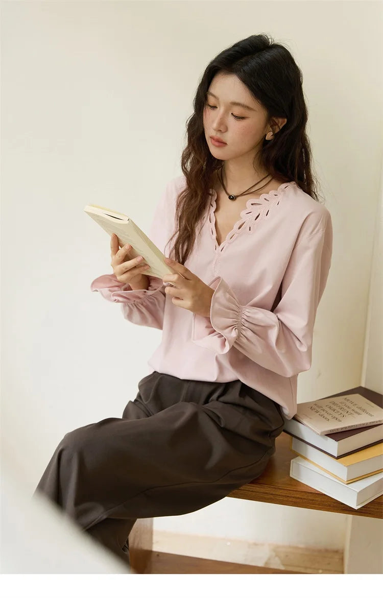 MISHOW Women's Elegant Blouse 2025 Autumn French Style Hollow Out V Neck Pink Blouse Loose Commute Long Sleeves Top MXE48X2502