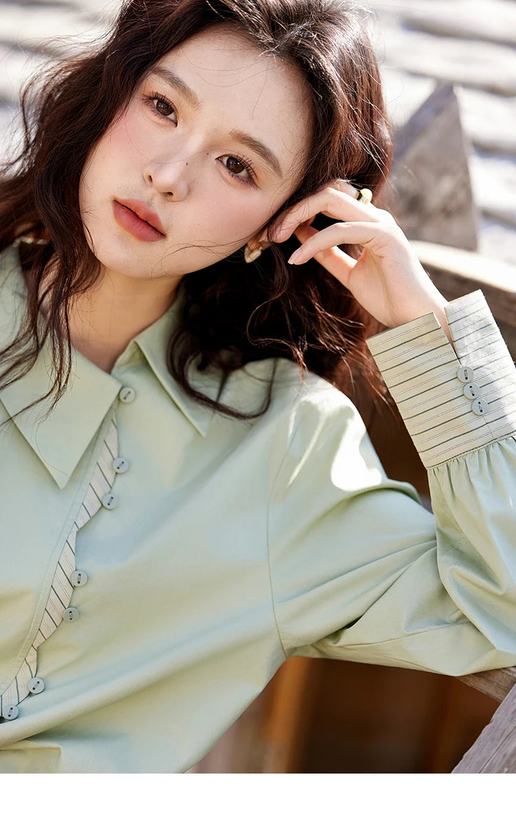 MISHOW Striped Patchwork Shirt for Women Spring 2025 Irregular Single Breasted Buckle Shirts Lapel Tops Office Lady MXE12C0412