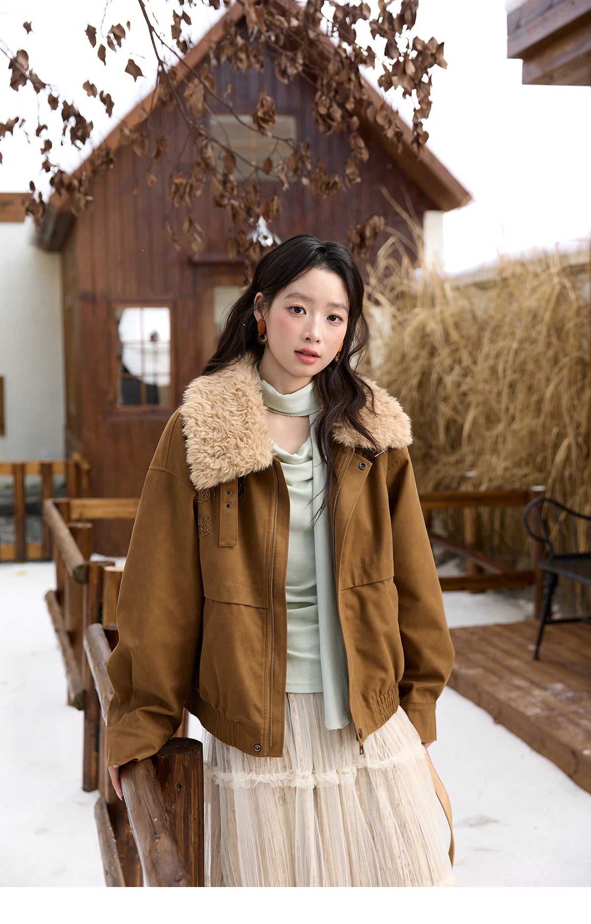 MISHOW Brown Suede Jacket for Women 2025 Winter New Detachable Fur Collar Coat commute Long Sleeve Zipper Jacket MXE51W0876