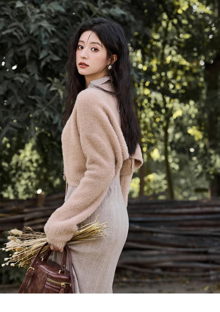 MISHOW Women’s Sweater Top Dress Separately 2024 Fall Winter Fashion Imitation Mink Fur Sweet Coat Knitted Dress MXD45L2043