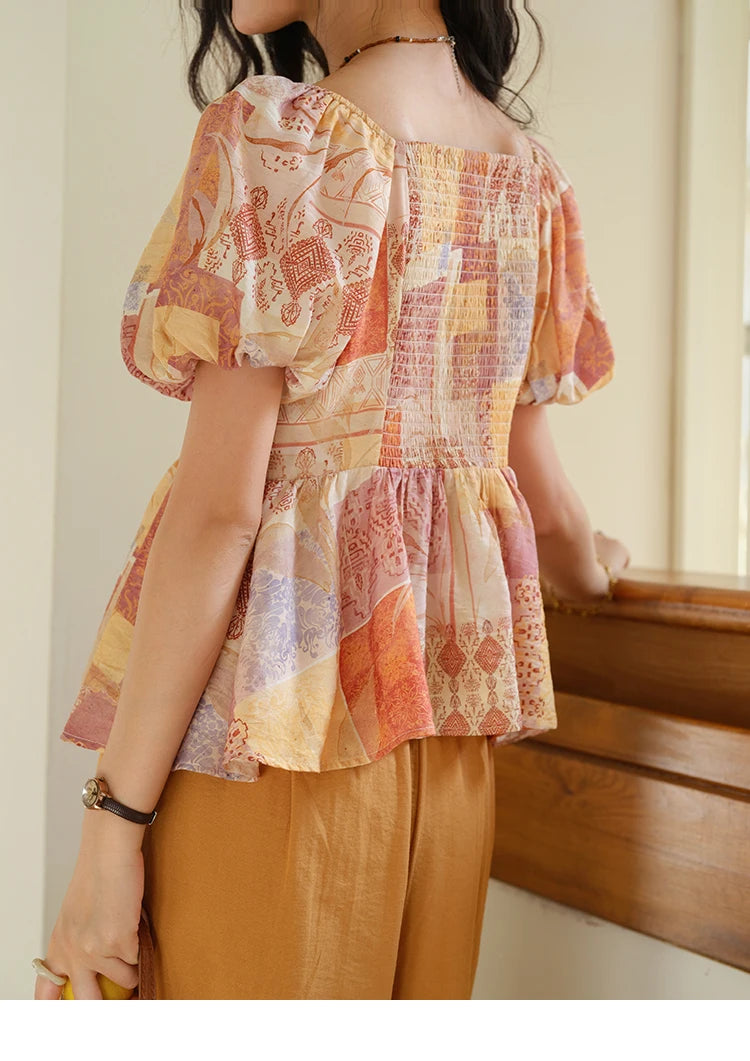 MISHOW V-neck Lace Up Patchwork Blouses for Woman 2025 Summer New Ladies Puff Sleeve Print Loose Top Female Clothing MXE38X1911