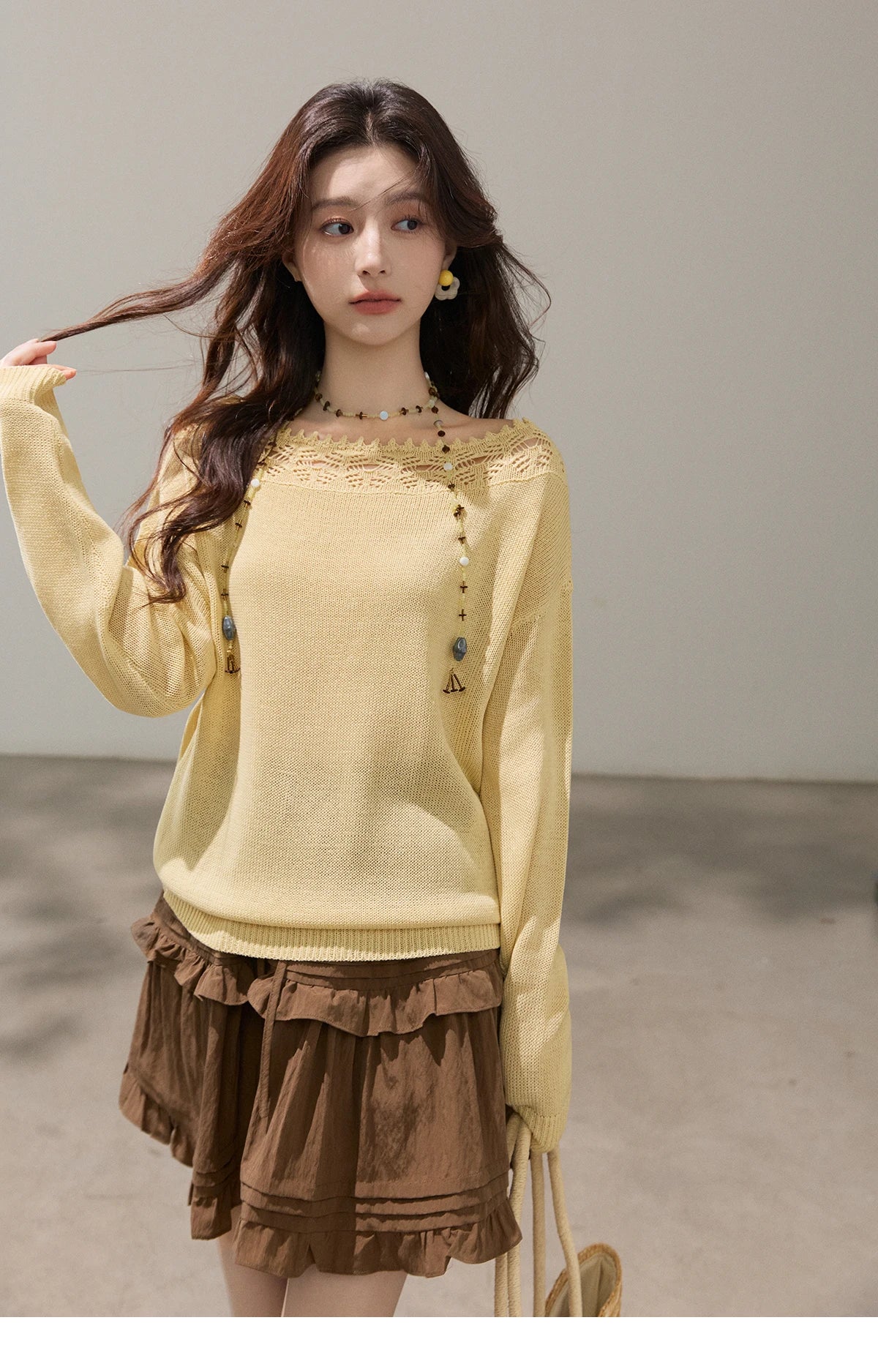 MISHOW Women's Hollowed Out Lace Trim Knit Tops 2026 Spring Boat Neck Long Sleeve Knitwear Casual Soft Yellow Sweater MXF15Z3050