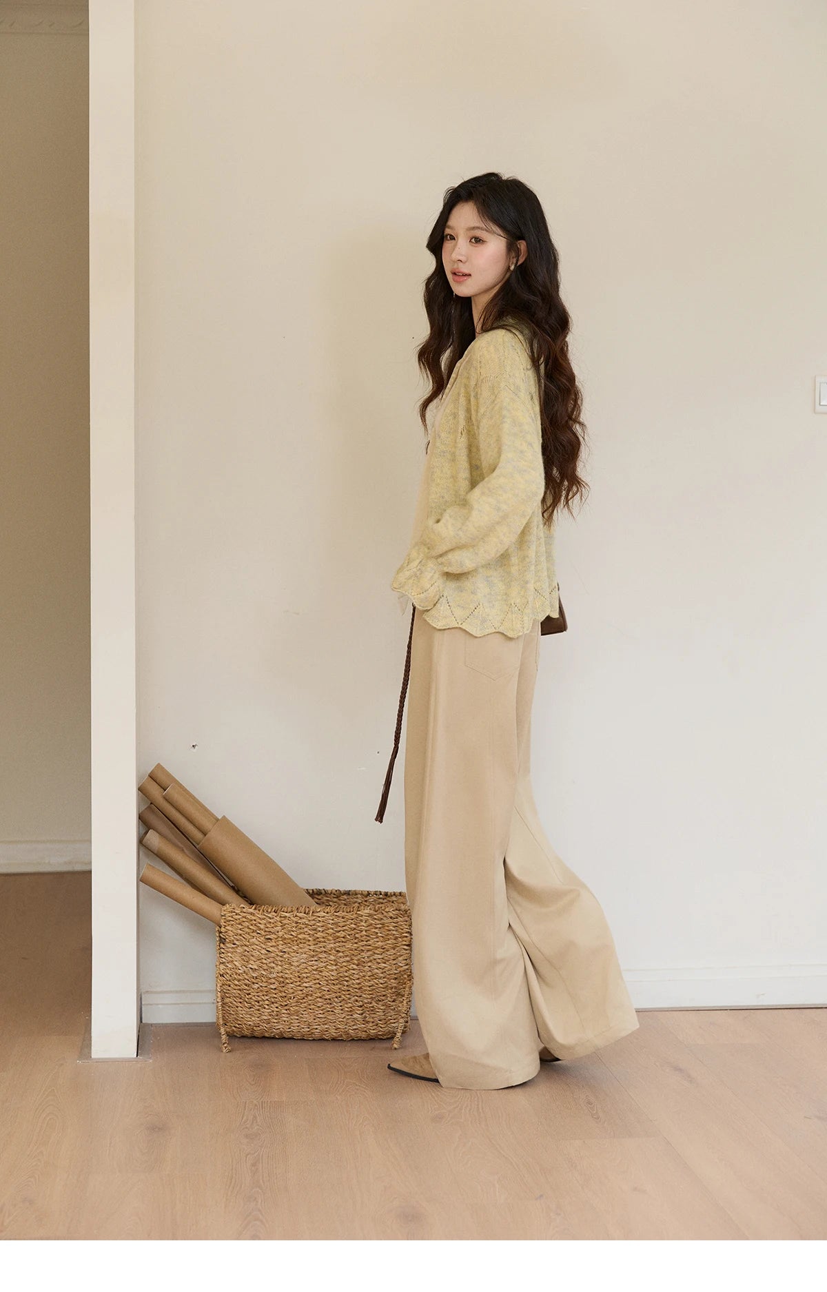 MISHOW Women's Marled Yellow Mohair Knit Cardigan 2026 Spring V-Neck Flare Sleeve Cardigans Casual Loose Sweater MXF108Z1021