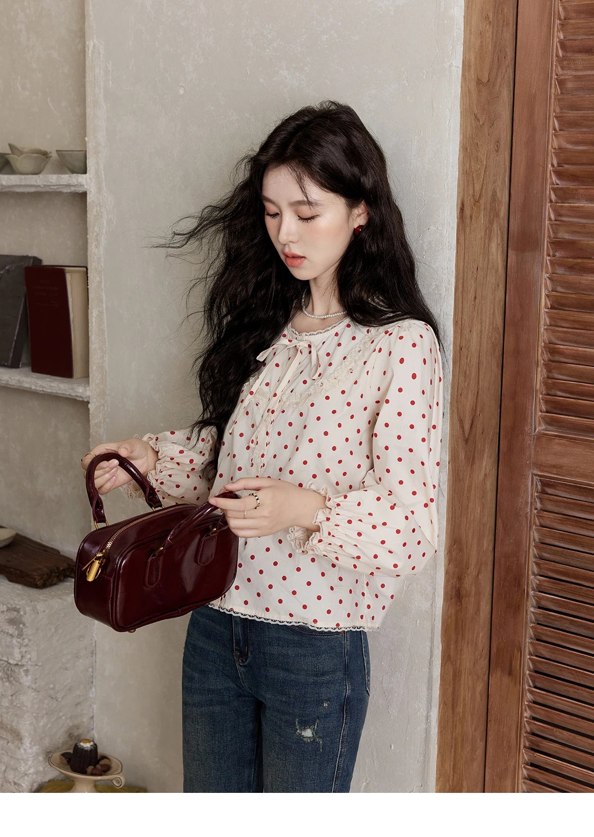 MISHOW Lace Up Polka Dot Round Neck Lace Shirt for Women Autumn 2024 Thin Sweets Shirt Elastic Petal Cuffs Chic Top MXD44X1667