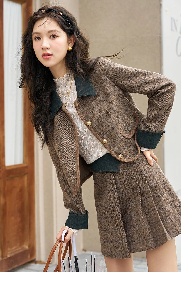 MISHOW Fashion Retro Plaid Coat Half pleated Skirt Separately 2024 Autumn Wool Jacket Retro Skirt Office Lady MXC47W0154