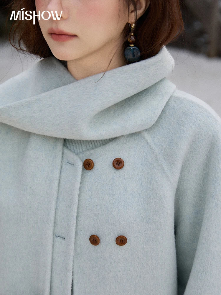 MISHOW 100% Wool Mint Green Double-sided Woolen Coats for Women Winter 2025 Warm Loose Coat with 2-in-1 Scarf Gloves MXE92W1014