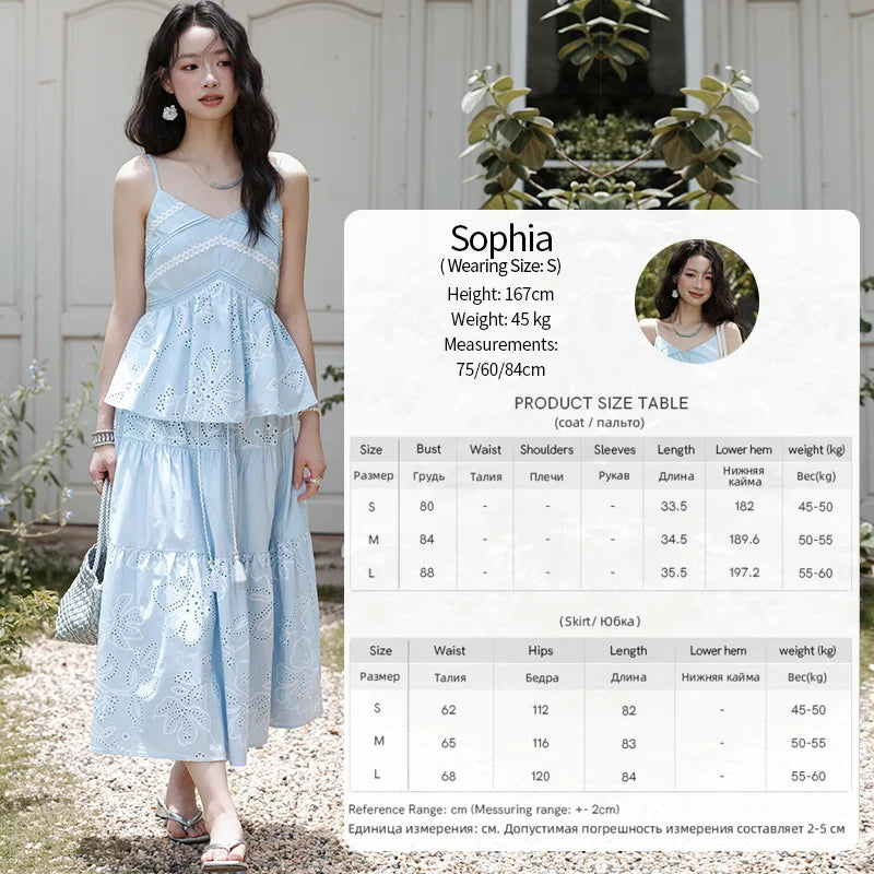 MISHOW Woman 2 Pieces Set 2025 Summer Ladies Fashion Strap V-neck Top Embroidery Flower Hollow Out Drawstring Skirt MXE34T0624