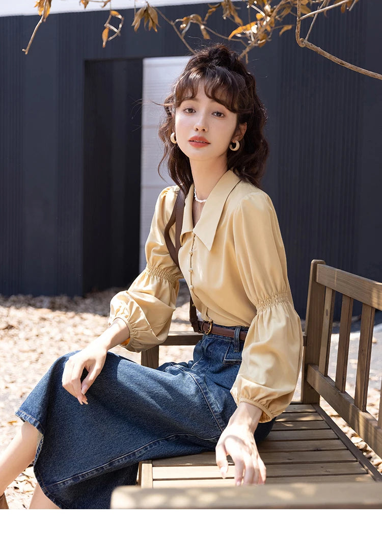 MISHOW Elegant Women's Blouse Autumn Vintage French Lantern Sleeves Turndown Collar Shirt Office Lady Female Clothing MXB32C0508