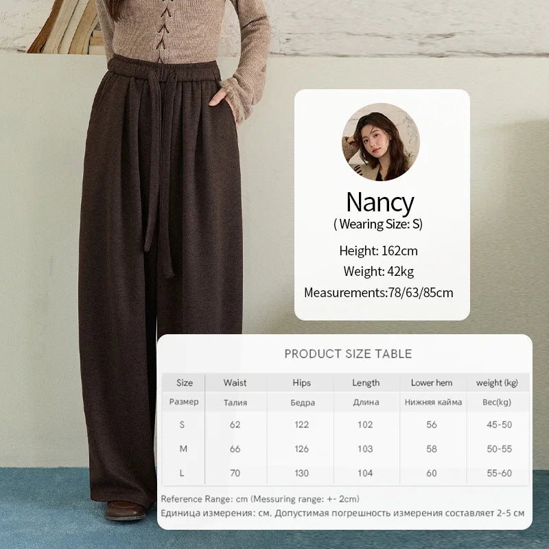 MISHOW Brown Wide-leg Pants for Women2025 Winter Thickened Warm Drawstring Waistband Retro Casual Trousers Woman MXE87K1126