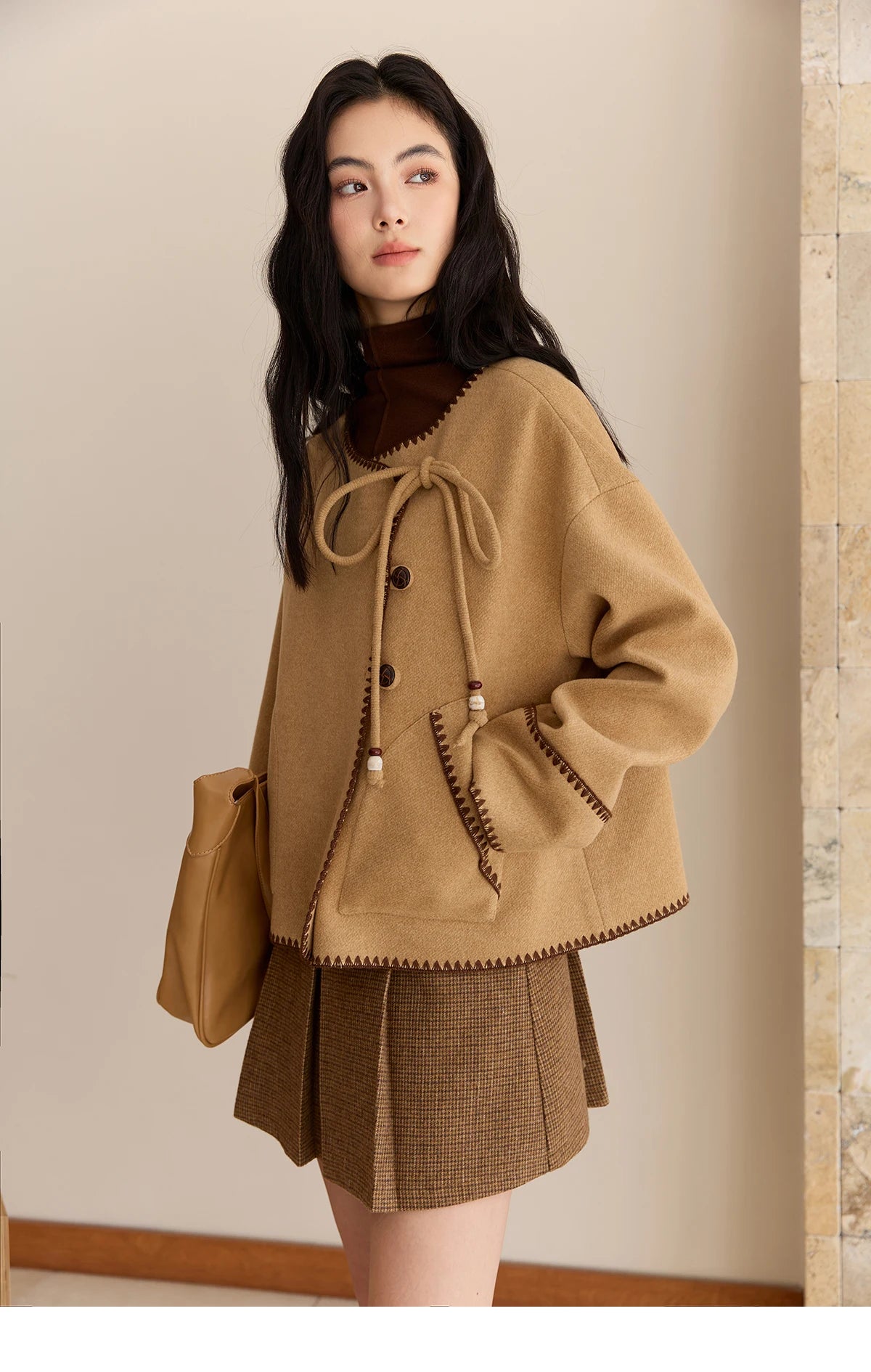 MISHOW Coat for Women 2025 Autumn Winter Khaki Asymmetrical Design Shell Flower Embroidery Lace-up Short Casual Coat MXE49W0854