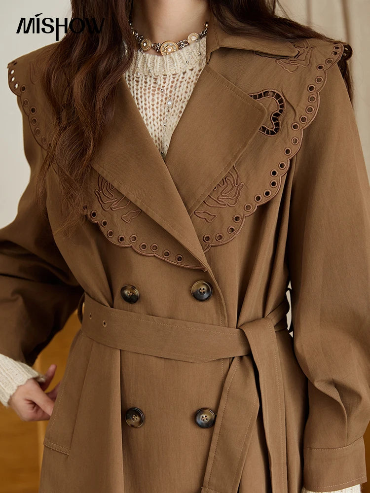 MISHOW Women's Trench Coat 2025 Autumn Hollow Embroidery Mid-length Windbreaker Double-breasted Belt Retro Jacket MXE46W0862