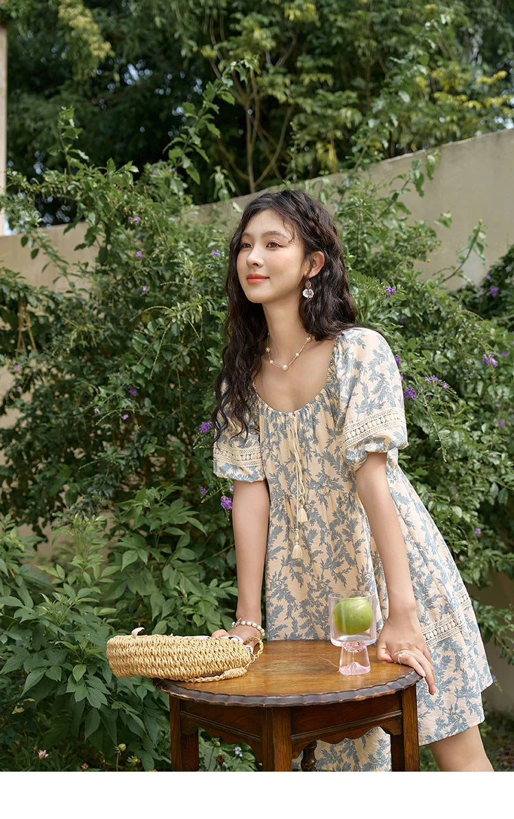 MISHOW French Floral Printing Dress for Women 2024 Summer Vacation U Neck Lace-up Bubble Sleeve Loose Doll Dresses MXD27L1898