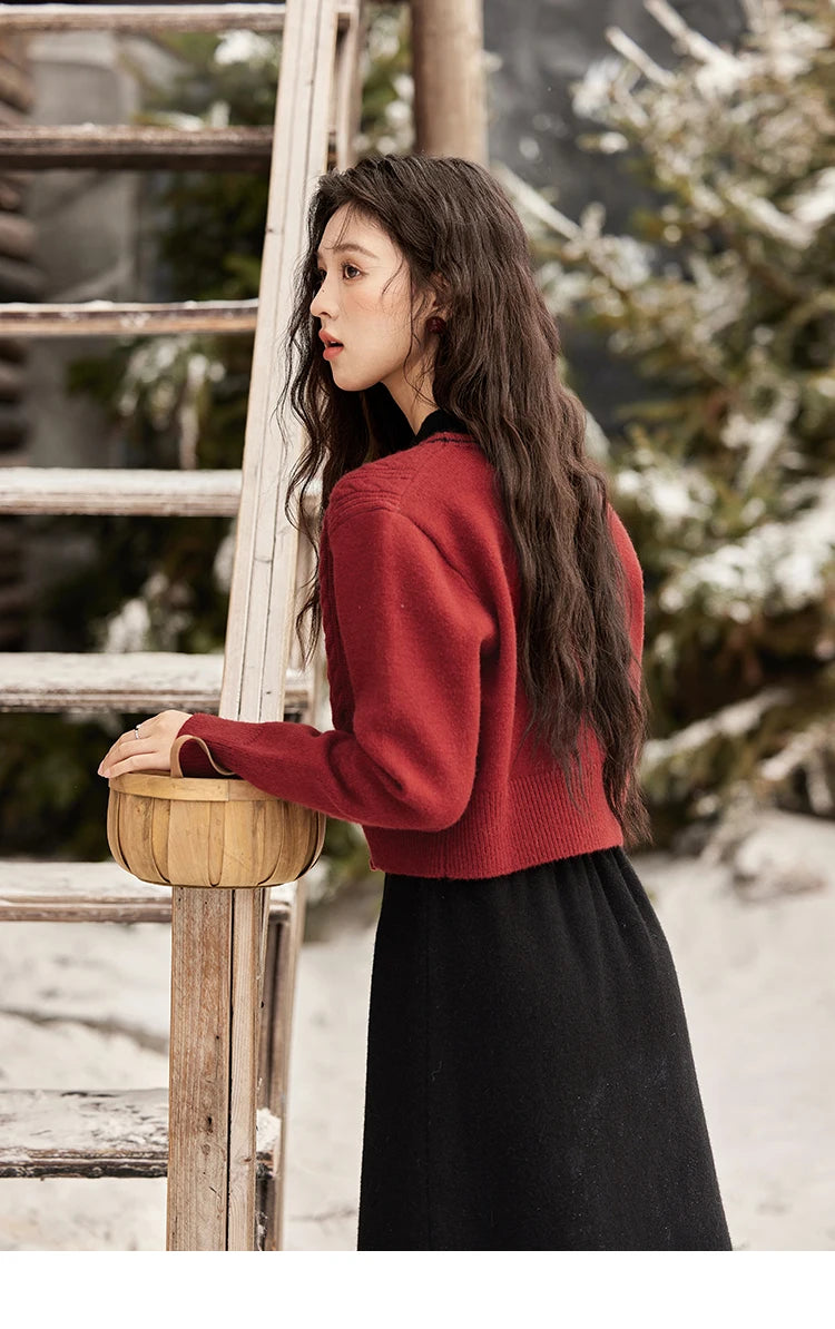 MISHOW Red Knitted Cardigan V-Neck Midi Dresses Separately A-LINE Temperament Grace Dress Flower Lace-up Warm Coat MXD58L2085