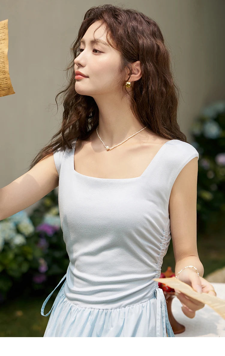 MISHOW Square Neck Patchwork Knitted Long Dress Summer 2024 Minimalist High Waist Side Drawstring Waist Slim Dresses MXD23L1818