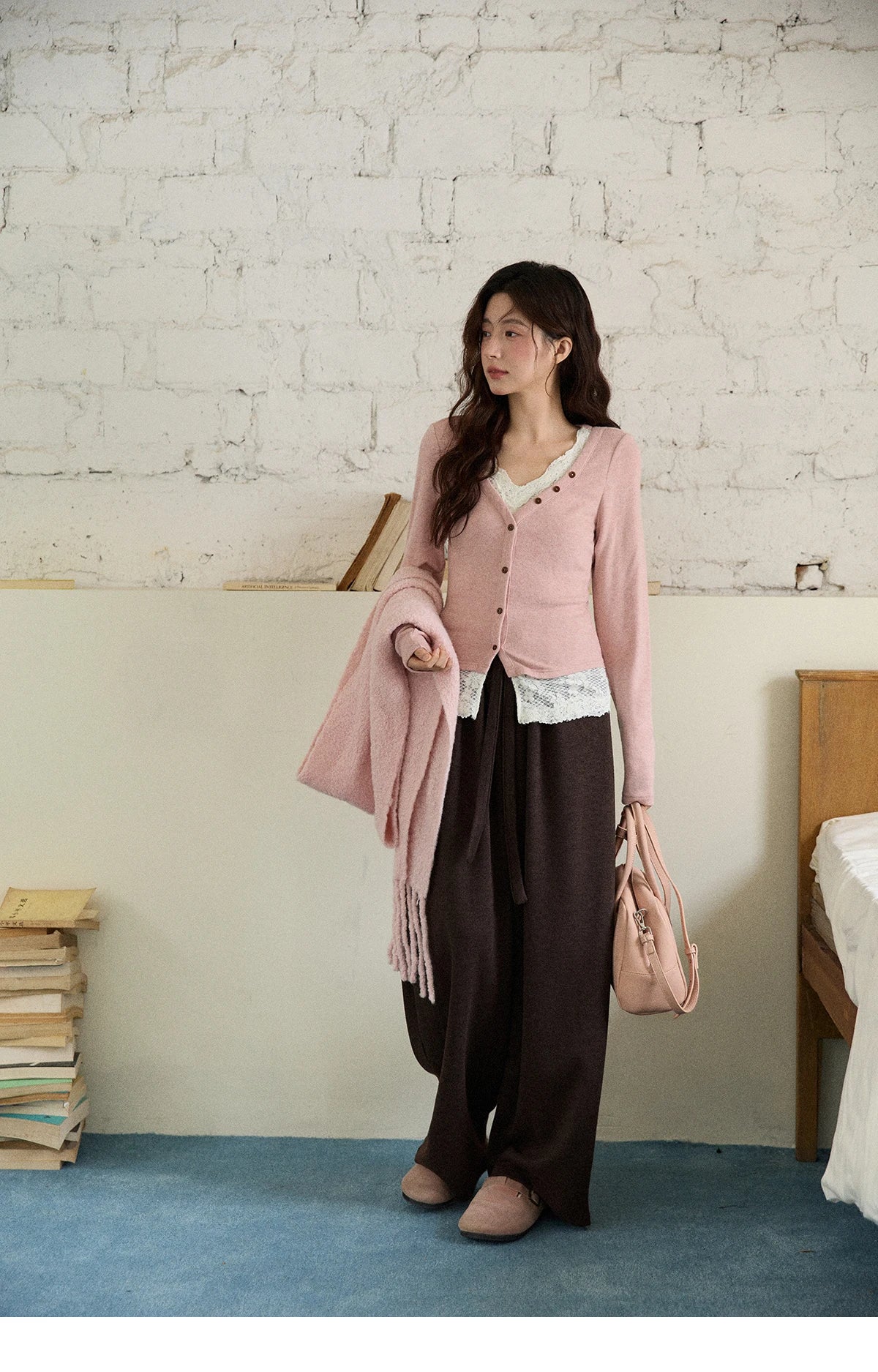 MISHOW Long Sleeve Tops for Woman 2025 Autumn Winter Sweet Gentle V-neck Top with Lace Trim Commute Slim Knit Top MXE86Z2673