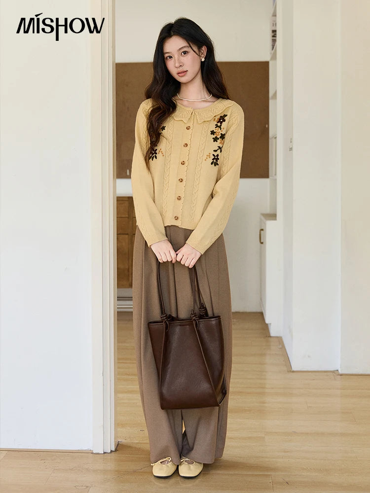 MISHOW Women's Cable Knit Cardigan Spring Peter Pan Collar Floral Embroidery Sweater Long Sleeve Casual Loose Tops MXF11Z2904