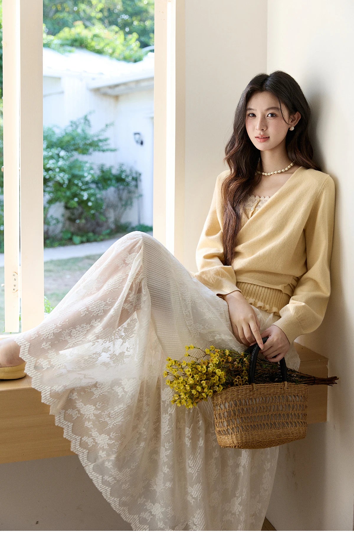 MISHOW Women's Yellow Two-Piece Set 2026 Spring Ruffled Hem Camisole Lace Trim Knitted Cardigan Casual Slim Outfit MXF11T1472