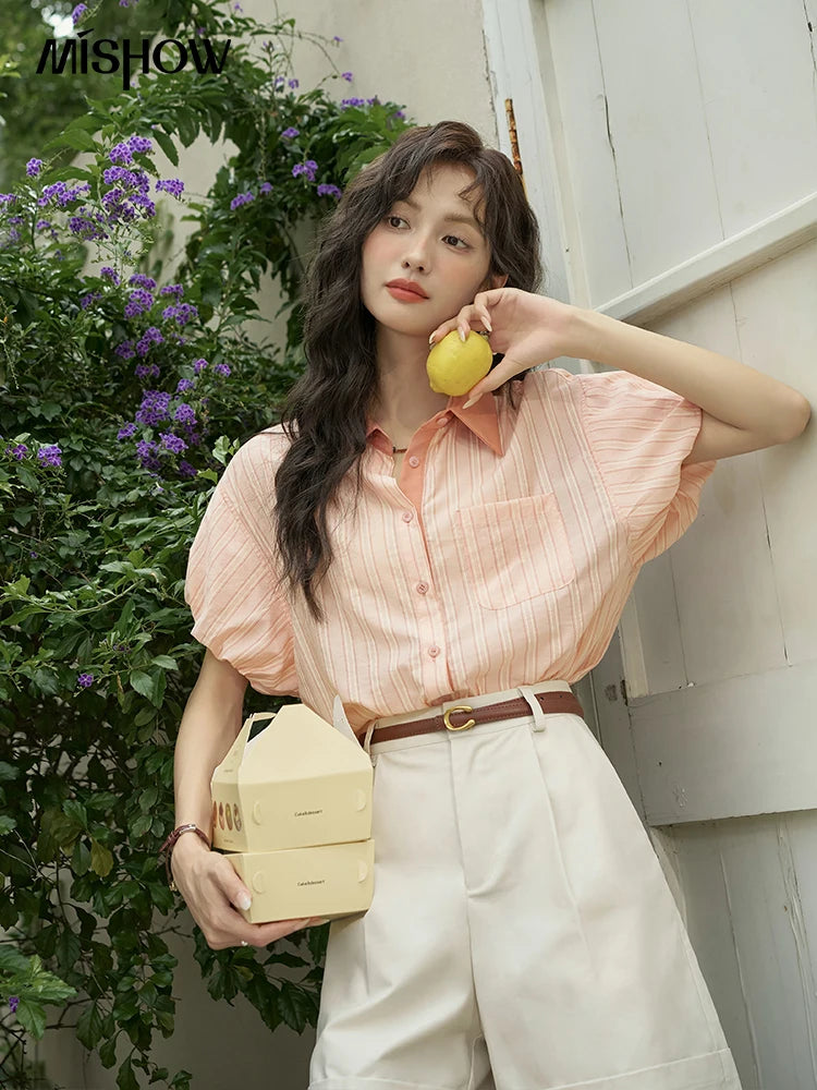 MISHOW Women's Hong Kong Retro Pink Striped Shirt 2024 Summer Short Sleeve Bubble Sleeve Single Breasted Lapel Top MXD28C0250