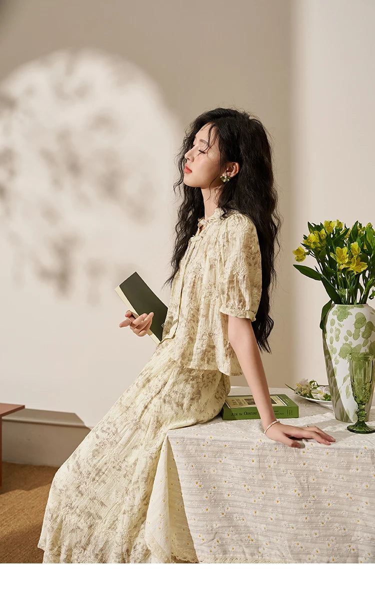 MISHOW Chinese Chiffon Embroidered Shirt A-line Skirt Separately Summer Puff Sleeve Top Rear Elastic Waist Skirt MXD24X1405