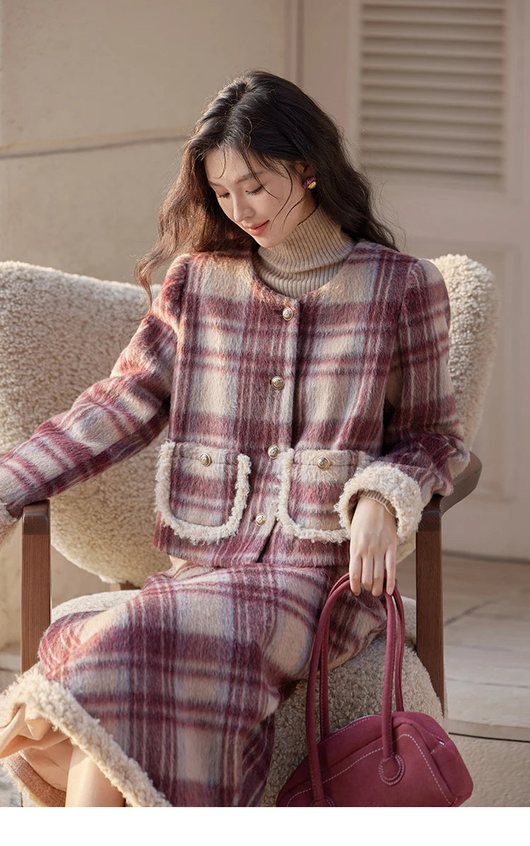 MISHOW Plaid Tweed Jacket Midi Skirt Separately Women 2024 Winter Korean Gentle Thick O-Neck Jacket Straight Skirt MXD54W0562
