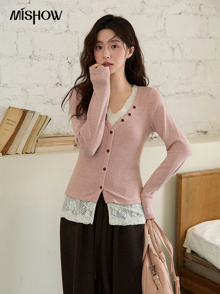MISHOW Long Sleeve Tops for Woman 2025 Autumn Winter Sweet Gentle V-neck Top with Lace Trim Commute Slim Knit Top MXE86Z2673