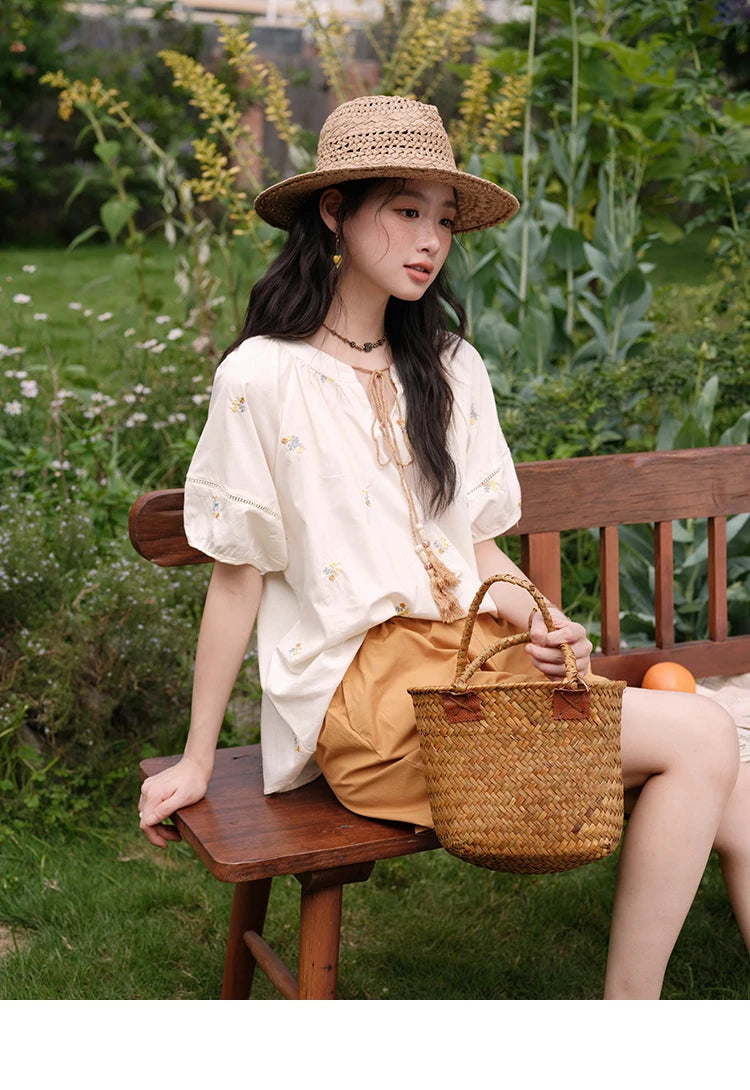 MISHOW Women Two-Piece Set 2025 Summer Puff Sleeve Lace Up Top Hollow Lace Spliced Elastic Waist Shorts Ladies Set MXE38T0684