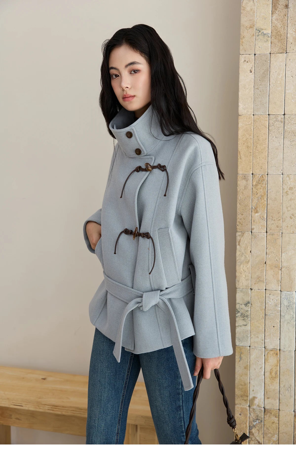 MISHOW Blue Woolen Coat Women 2025 Winter New Double-breasted Lace Up Coat Mid-length Windbreaker Women's Clothing MXE51W0872