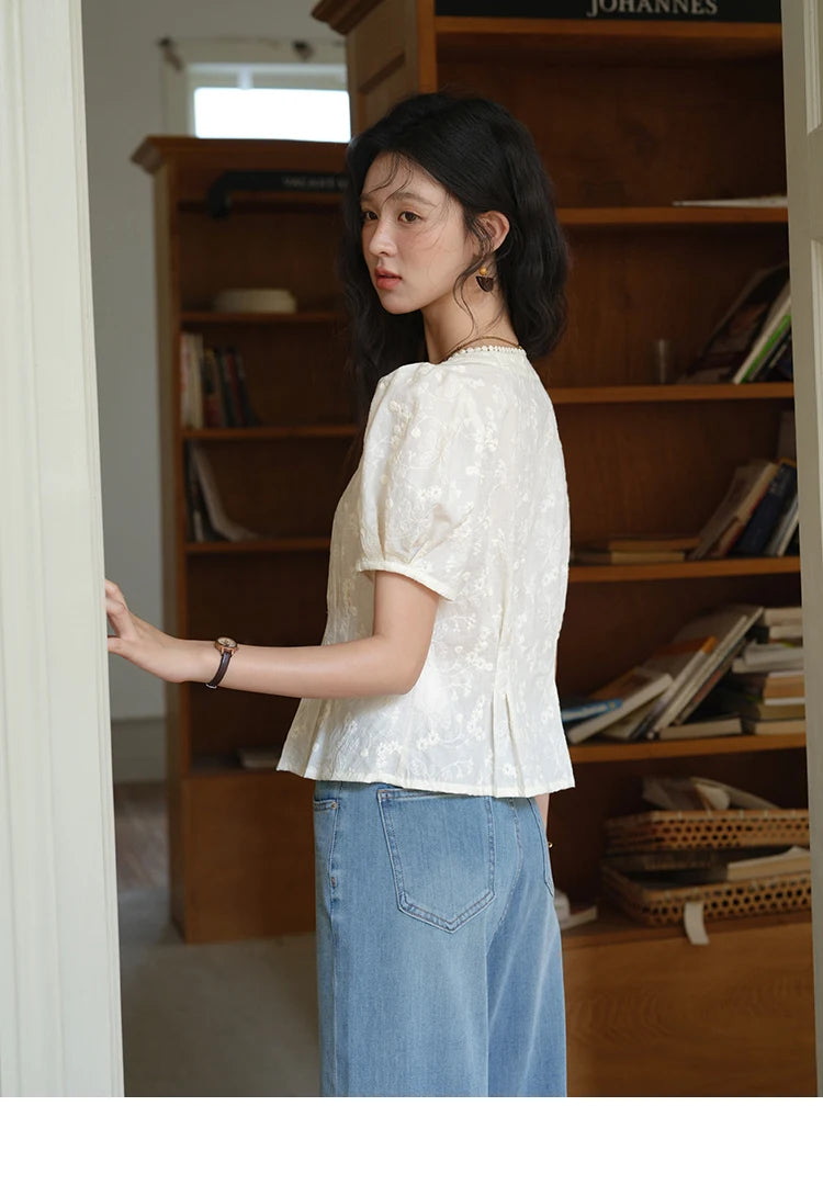 MISHOW Embroidery Cotton Shirt for Women 2025 Summer Fashion French Style Puff Sleeve Button Shirt Women's Clothing MXE39X1979