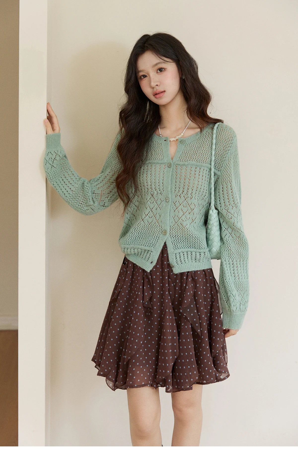 MISHOW Women's Mint Green Knitted Cardigan 2026 Spring Crew Neck Hollow Out Thin Tops Casual Loose Sheer Sweater MXF108Z1046