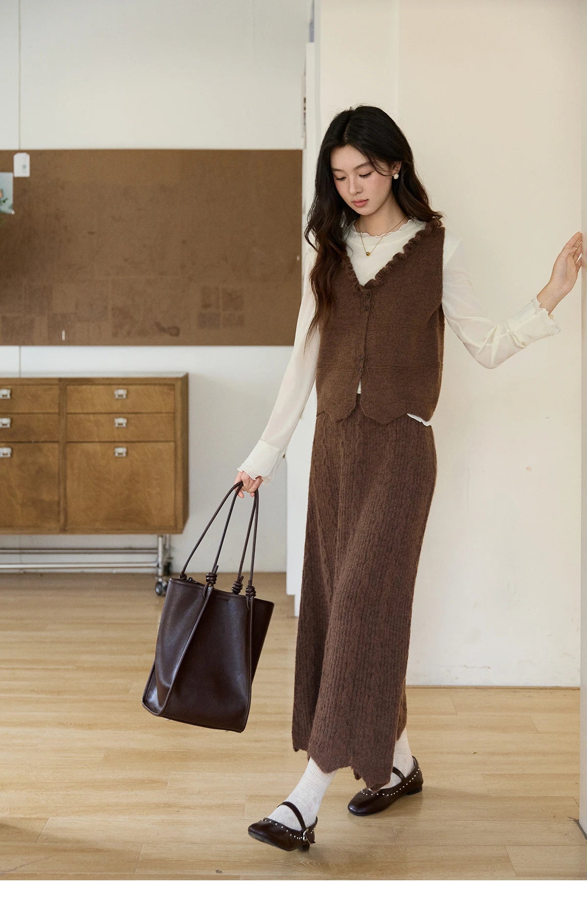 MISHOW Women's Brown Two-Piece Set 2026 Spring Knitted Vest V-Neck Cable Knit Maxi Skirt Casual Retro Warm Outfit MXF11T1460