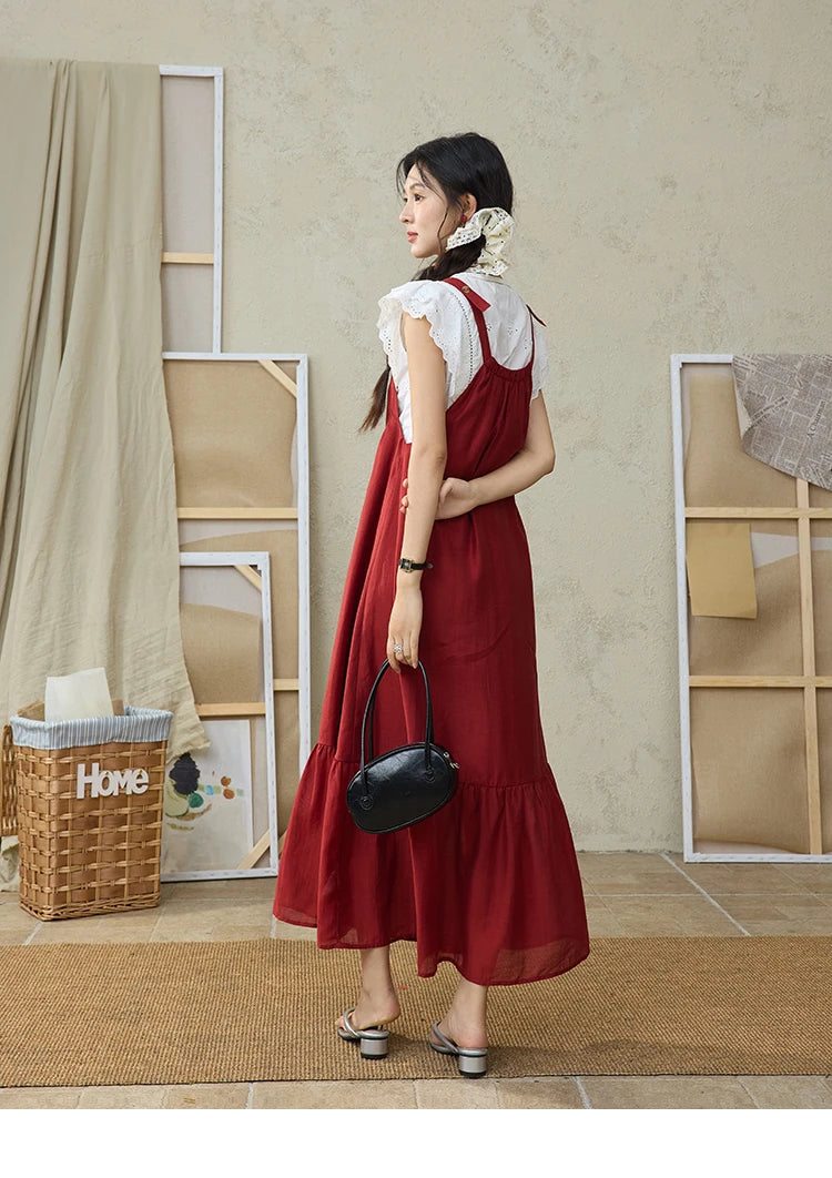 MISHOW Red Linen Strap Midi Dress Summer Sleeveless Casual Vacation Dress Hanging Neck Loose A-LINE Dress (Not A Set) MXE36L2309