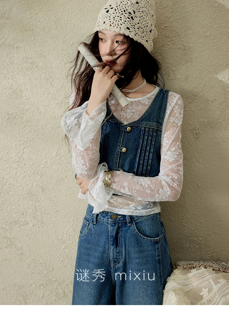 MISHOW Retro Denim Vest Coat for Women Spring Summer 2025 Deep Blue V-neck Short Versatile Outer Outfit U-neck Ccoats MXE16W0750