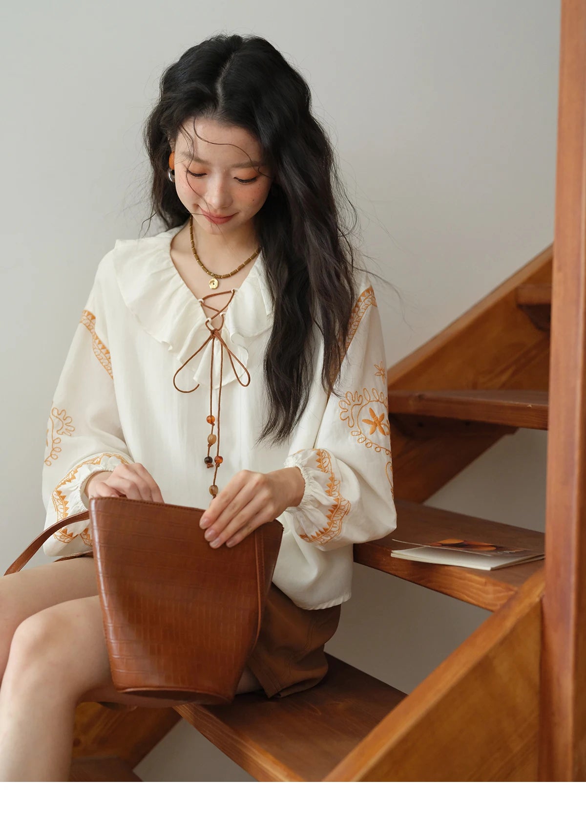MISHOW Cashew Flower Embroidered Blouse Autumn 2025 Ruffle V-neck Lace Up Tops 100 Lyocell Lantern Sleeves Blouses MXE43X1987