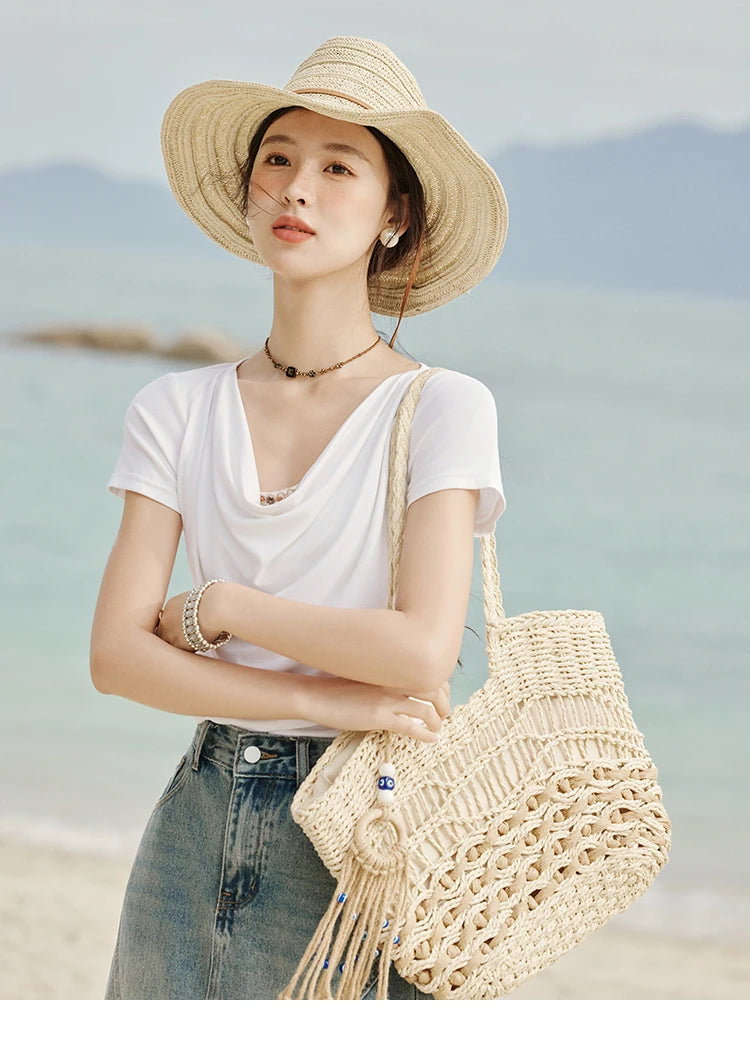 MISHOW Casual Summer Shirts Women 2025 Fashion Short Sleeve Swing Collar Solid T-shirt Female Slim Shell Ribbon Tops MXE33T0524