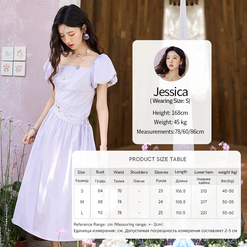 MISHOW French Purple Dresses Women Summer 2025 Solid Short Puff Sleeve Square Neck Slimming Dress Woman New Fashion MXE34L2222