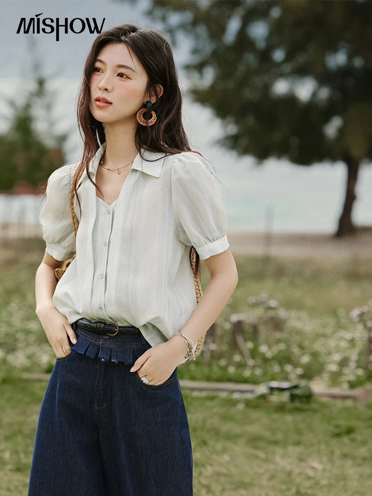 MISHOW French Summer Blouses Women New 2025 Solid Short Sleeve Turn-down Collar Slimming Shirts Female Straight Thin MXE33C0782
