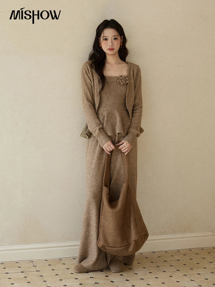 MISHOW Khaki Knitted Three-Piece Winter Set for Woman RetroThree-Dimensional Floral Camisole Cardigan Wide-Leg Pants MXE87T1449