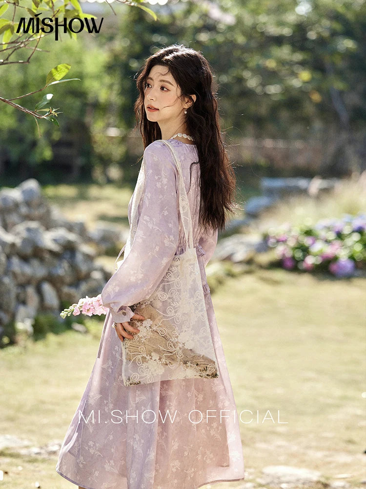 MISHOW Elegant Black Fungus Edge Dress for Women Spring 2025 Floral Lace-up Waist Dresses Long Sleeved Cake Dress MXE13L2101