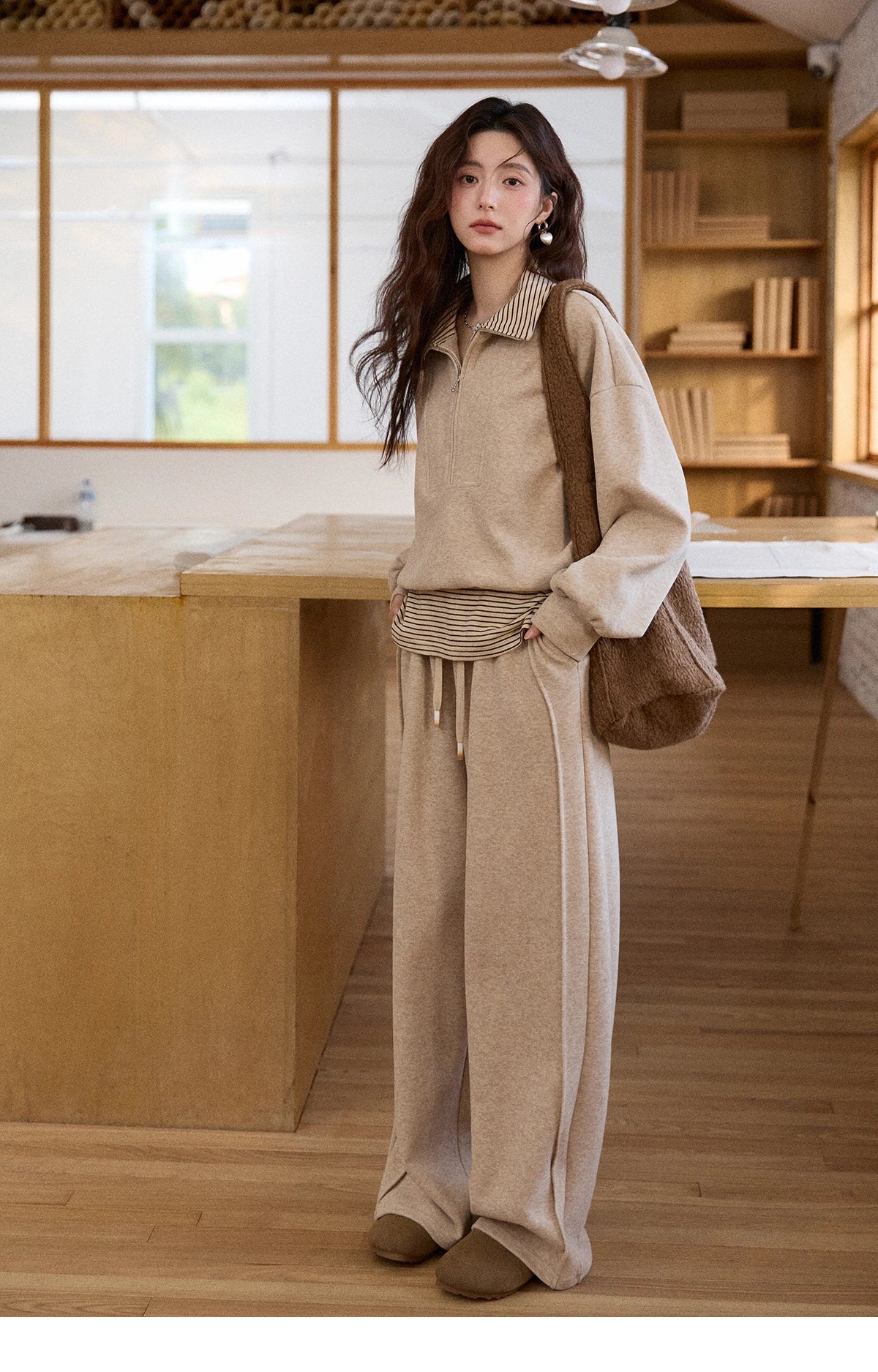 MISHOW Woman Pants Set 2025 Winter Casual Retro Sweatshirt Set Striped Lapel Half-Zip Sweatshirt Wide Leg Pants MXE87T1425