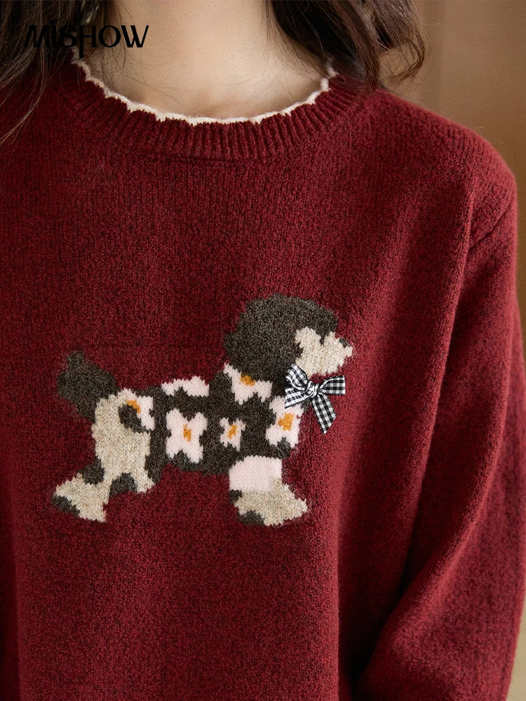 MISHOW Women's Burgundy Knitted Sweater 2025 Winter Poodle Pattern Ruffled Trim Crew Neck Sweater Warm Pullover Tops MXE93Z2949