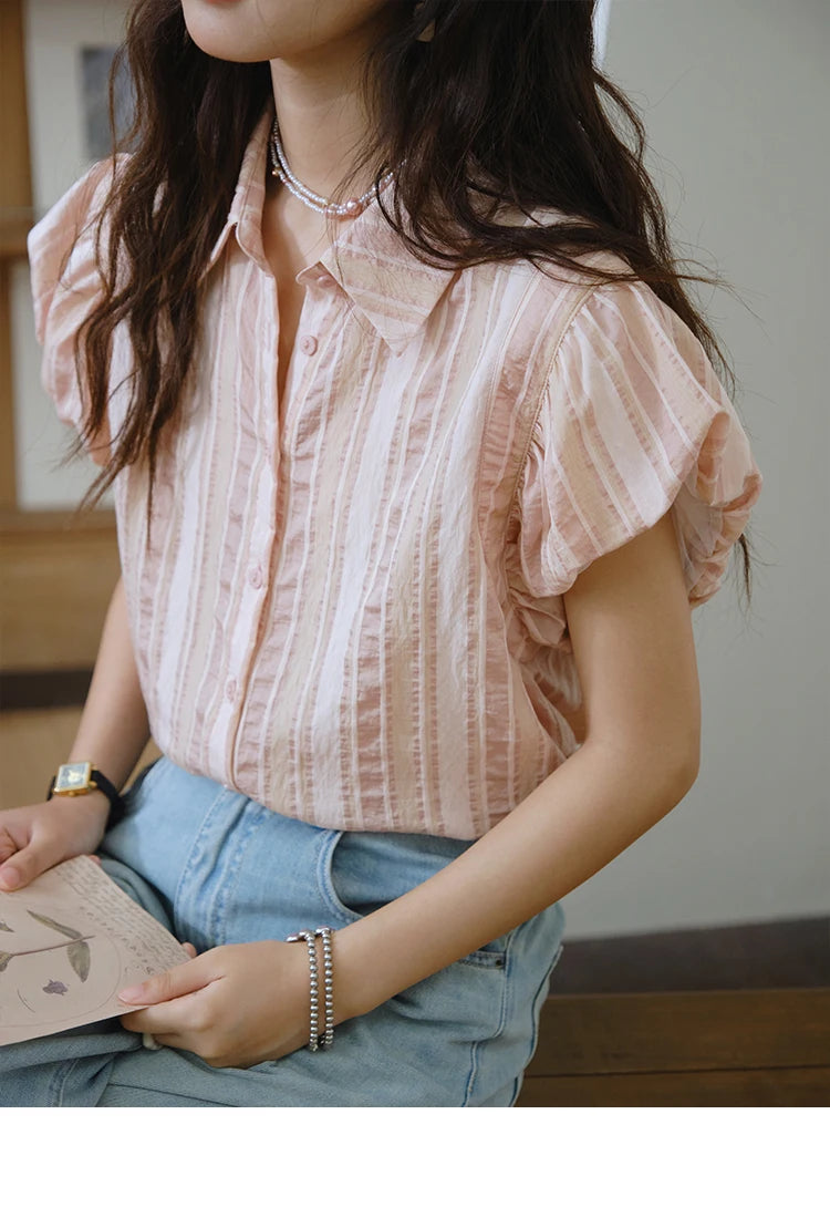 MISHOW Pink Turn-down Collar Flower Bud Sleeve Shirt for Women 2025 Summer New Women's Clothing Button Striped Shirt MXD24C0204