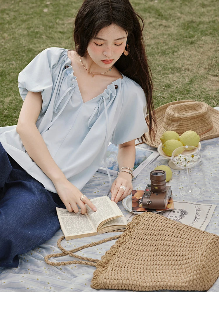 MISHOW Solid French Summer Blouses Woman 2025 New Short Puff Sleeve V-neck Beaded Retro Shirts Women Fashion Tops MXE33X1757