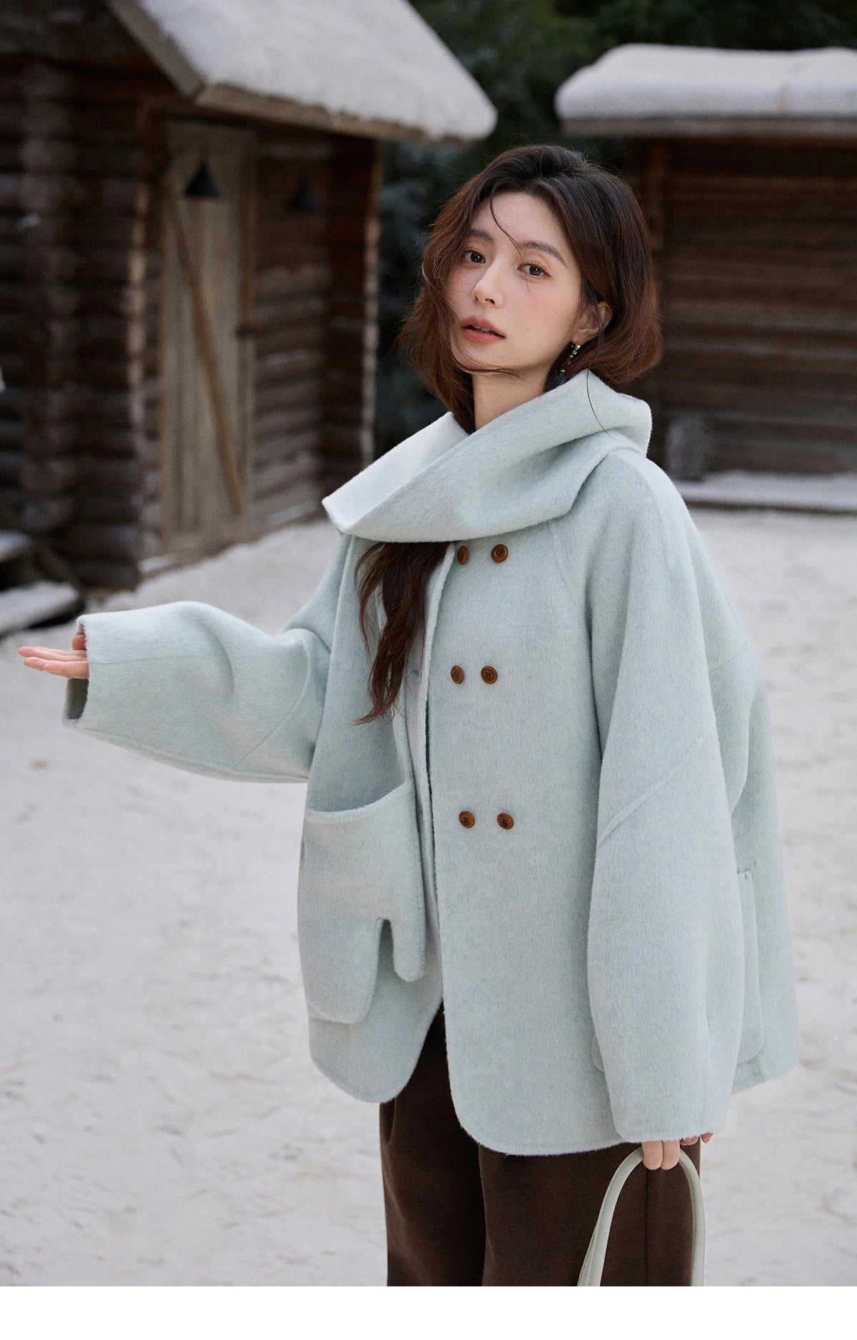 MISHOW 100% Wool Mint Green Double-sided Woolen Coats for Women Winter 2025 Warm Loose Coat with 2-in-1 Scarf Gloves MXE92W1014