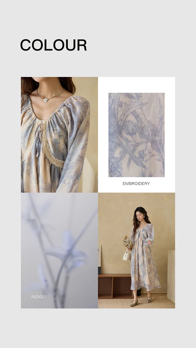 MISHOW Woman Elegant Dress 2025 Autumn Romantic Blue Floral Dress Lace Panel Drawstring A-line Long Dress Autumn MXE45L2507