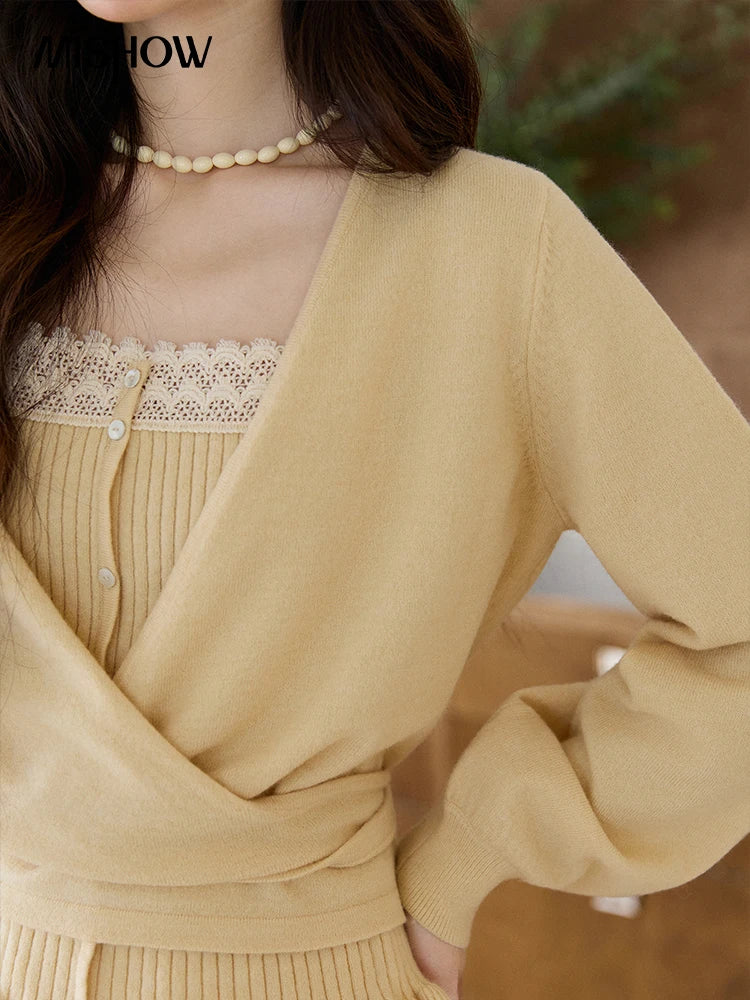 MISHOW Women's Yellow Two-Piece Set 2026 Spring Ruffled Hem Camisole Lace Trim Knitted Cardigan Casual Slim Outfit MXF11T1472